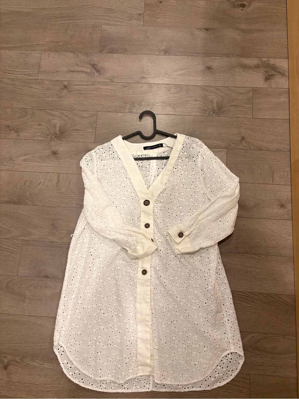 Zara White Eyelet Long-Sleeve Button Tunic Dress